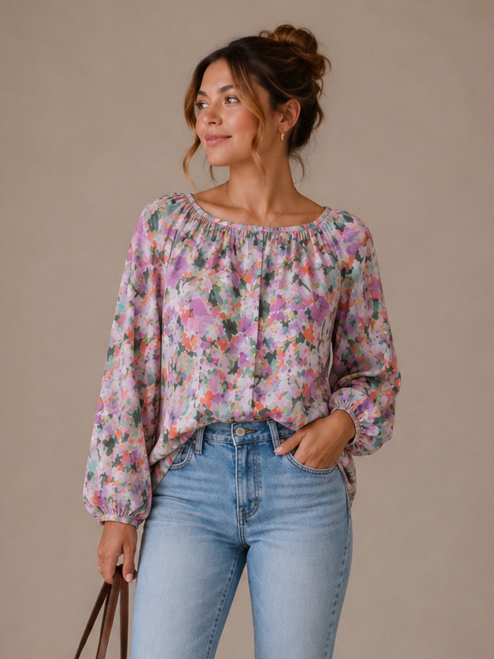 Romantic Watercolor Floral Blouse XL Cottagecore Boho
